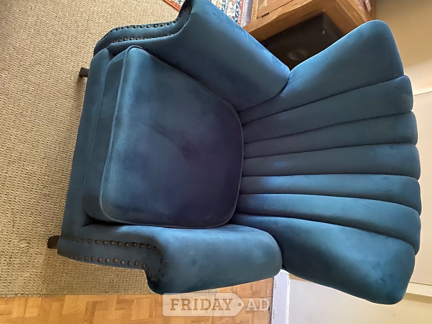 New Blue velvet winged armchair and stool