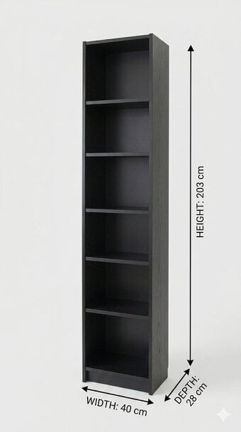 Tall slim black bookcase / shelving unit (203cm)