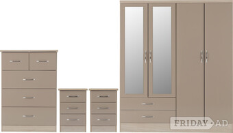 NEVADA 4 DOOR 2 DRAWER MIRRORED WARDROBE BEDROOM SET OYSTER GLOSS