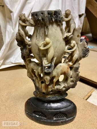 Chinese Hardstone Brush Pot( REDUCED )/ Birds, Monkeys & Scribed Crane's, Birds & Flowers on base