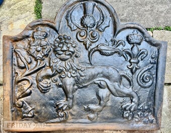 Antique English Cast Iron Fire Back 1641 & Marked MI  
