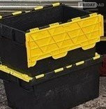 10 USED PLASTIC TOTE STORAGE BOXES WITH FOLD DOWN LIDS.