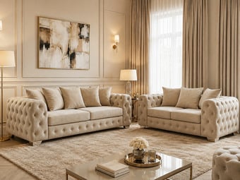 Brand New Ashton Chesterfield Corner Sofa | Beige Plush Velvet | 