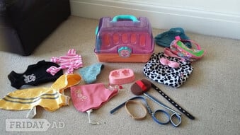 Dolly pet carrier with various clothes / coats, collars, brush, pet bags and feeding plate.
