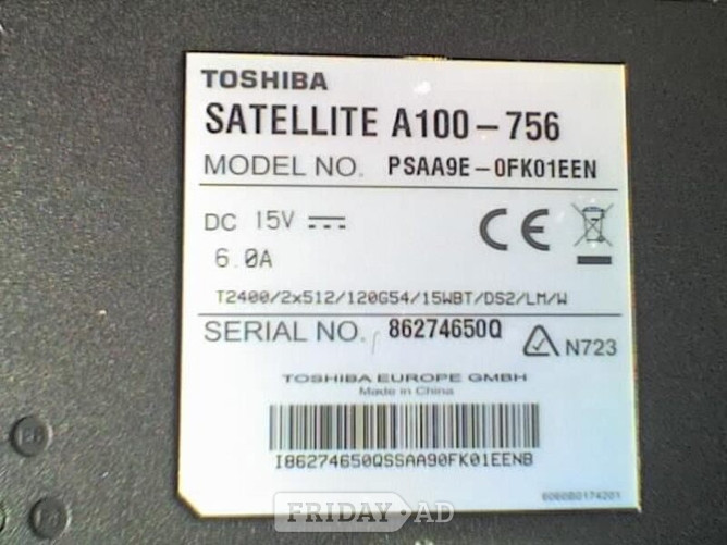 Waterlooville Toshiba Satellite Pro A100-756 Laptop , Intel Core Duo T2400, 1.83GHz, 1GB RAM, 120GB HDD