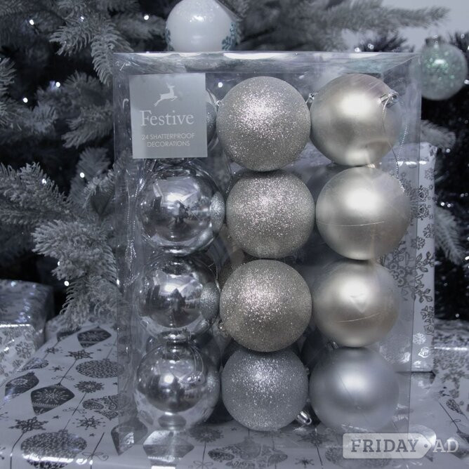 Festive Silver Shatterproof Christmas Tree Baubles - Pack of 24