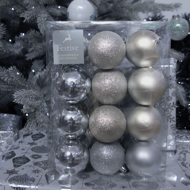 Festive Silver Shatterproof Christmas Tree Baubles - Pack of 24