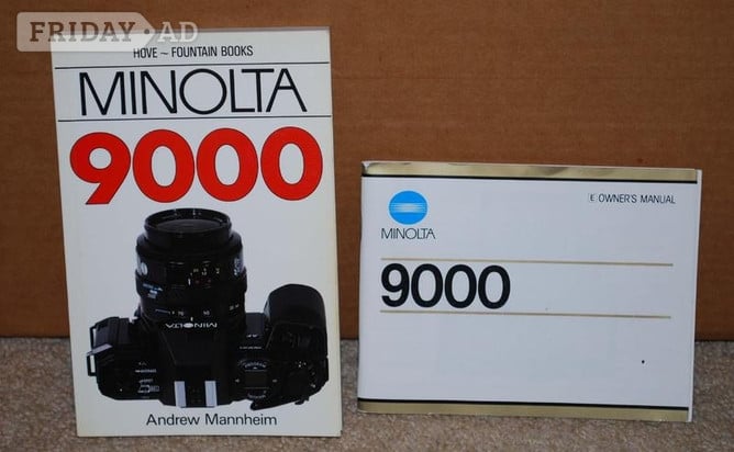 Minolta 9000 camera, set of four lenses, flashgun, user’s manual, paperback book and camera bag.