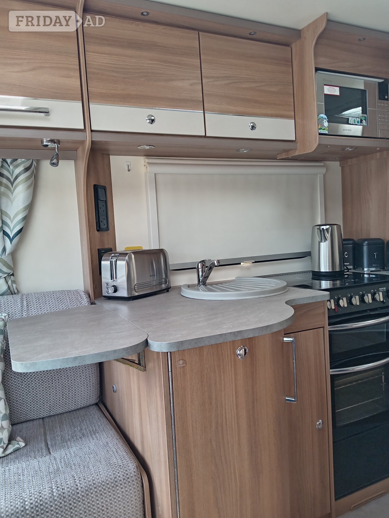 pegasus verona gt70  2018 model touring caravan 4 berth in immediate condition comes with  awning roof solar panel fixed double bed and pull out beds full cooker gas grill oven and hob hardly used full fridge and freezer bathroom sink toilet and shower spear set of sofa covers for winter ect water containers wardrobe loads of cupboard space pull out room privacy screen curtains and fly screen with pull down blinds plug sockets gas bottles  tv and table pioneer wall surround sound system can send video of inside and outside  only selling because of change in circumstances  well looked after must be  seen - Motorhomes & Caravans in Rye