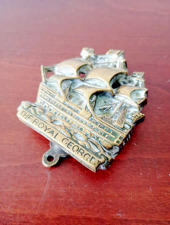 1940's Brass Door Knocker Ornament THE ROYAL GEORGE Sailing Ship 