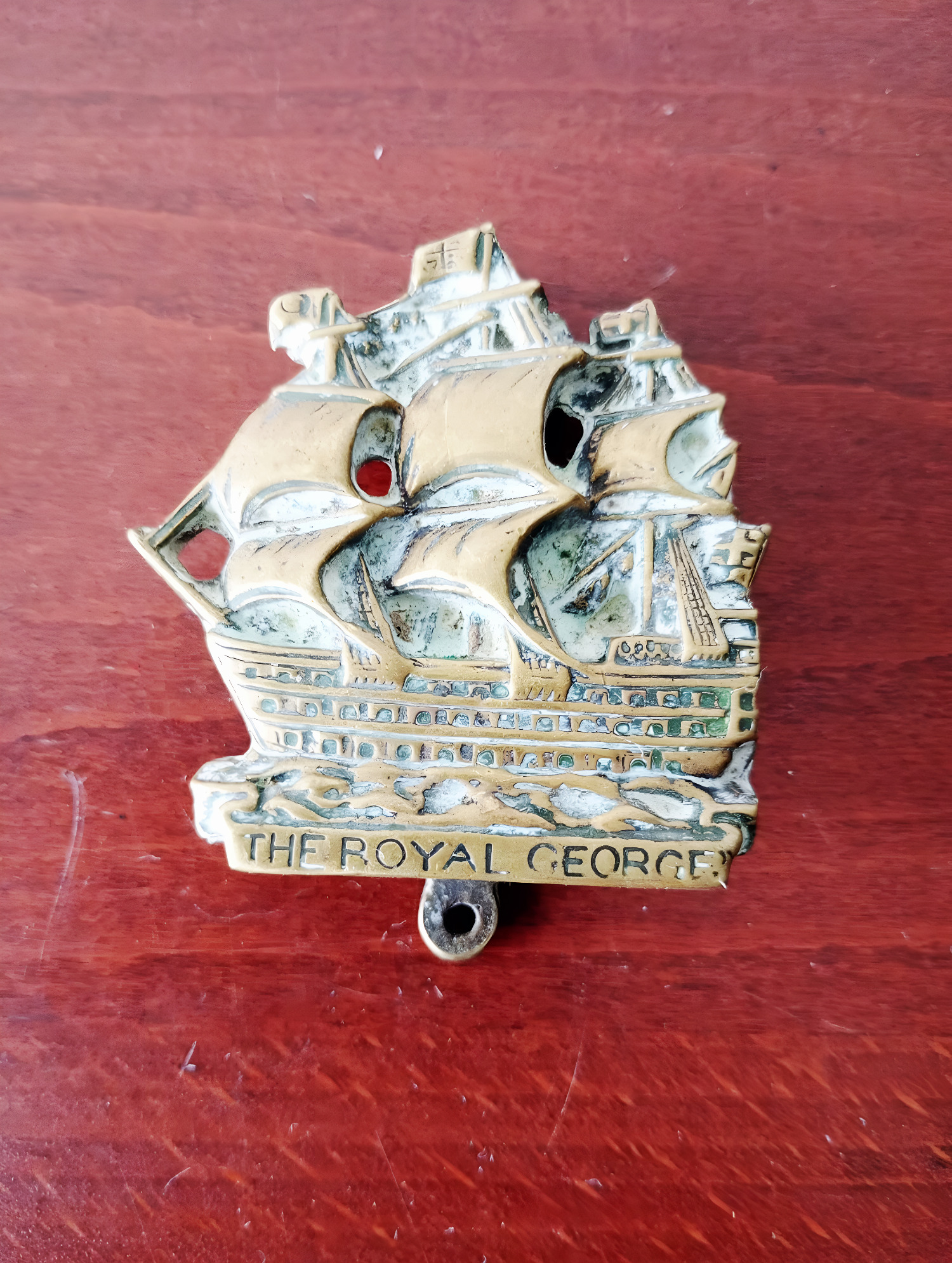 1940's Brass Door Knocker Ornament THE ROYAL GEORGE Sailing Ship 