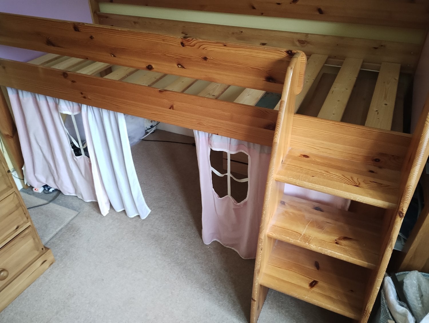 Stompa Mid Sleeper bed with Storage Cube cupboards - Pine/Pink - Furniture in Petworth