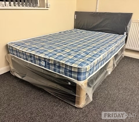Double Economy Mattress with black divan base and headboard - Furniture