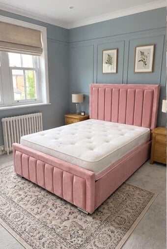 Double Pink Panelled Ottoman Bed - Gas Lift Storage - Very Clean 