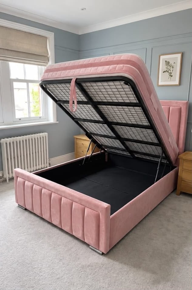 Double Pink Panelled Ottoman Bed - Gas Lift Storage - Very Clean 