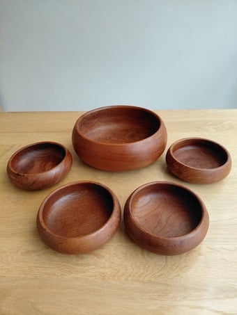 Set of 5 Wooden Teak Bowls – Good Condition