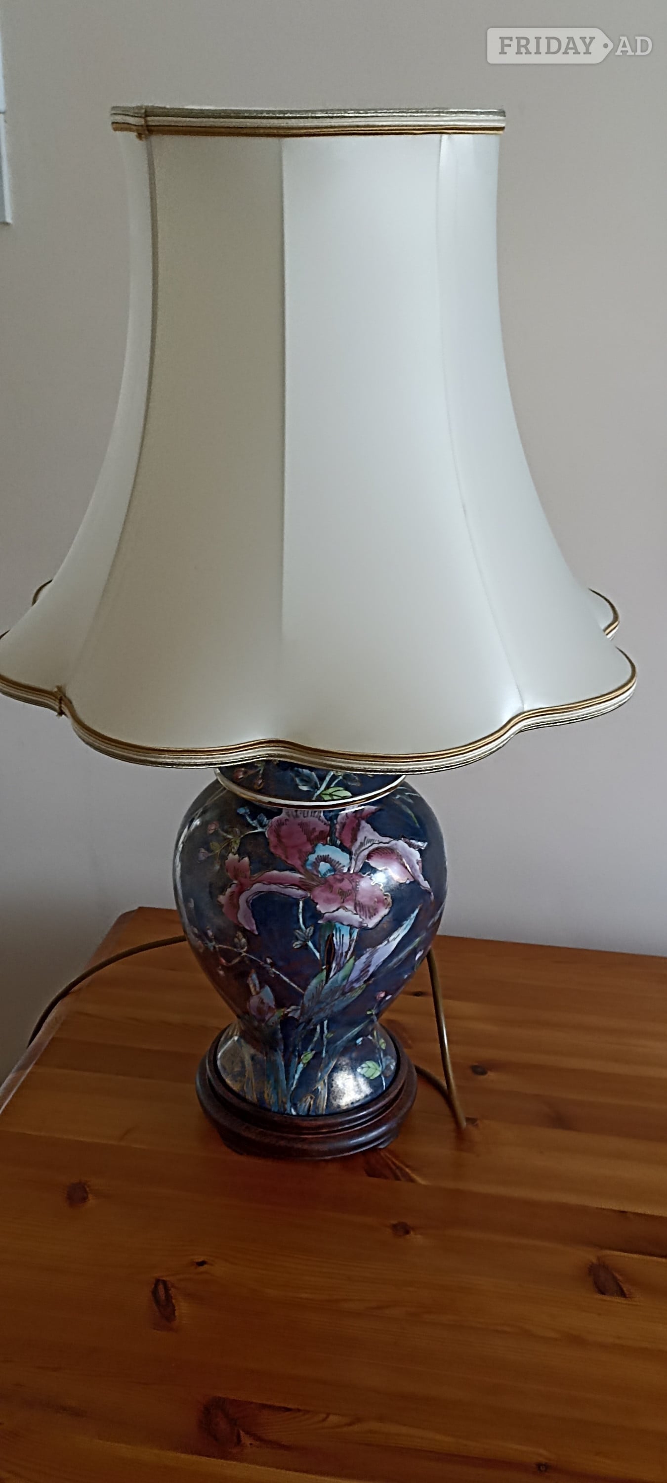 Vintage style floral ginger jar lamp with wooden base and handmad