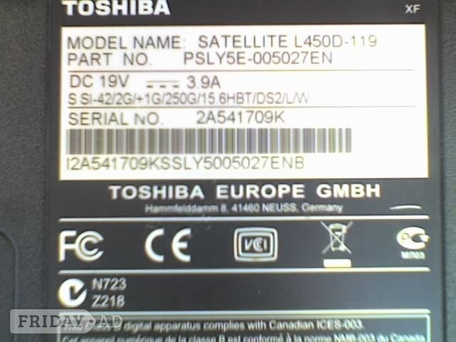 Waterlooville Toshiba Satellite Pro L450D-119 Laptop , AMD , 2.1GHz, 3GB RAM, 250GB HDD - USED