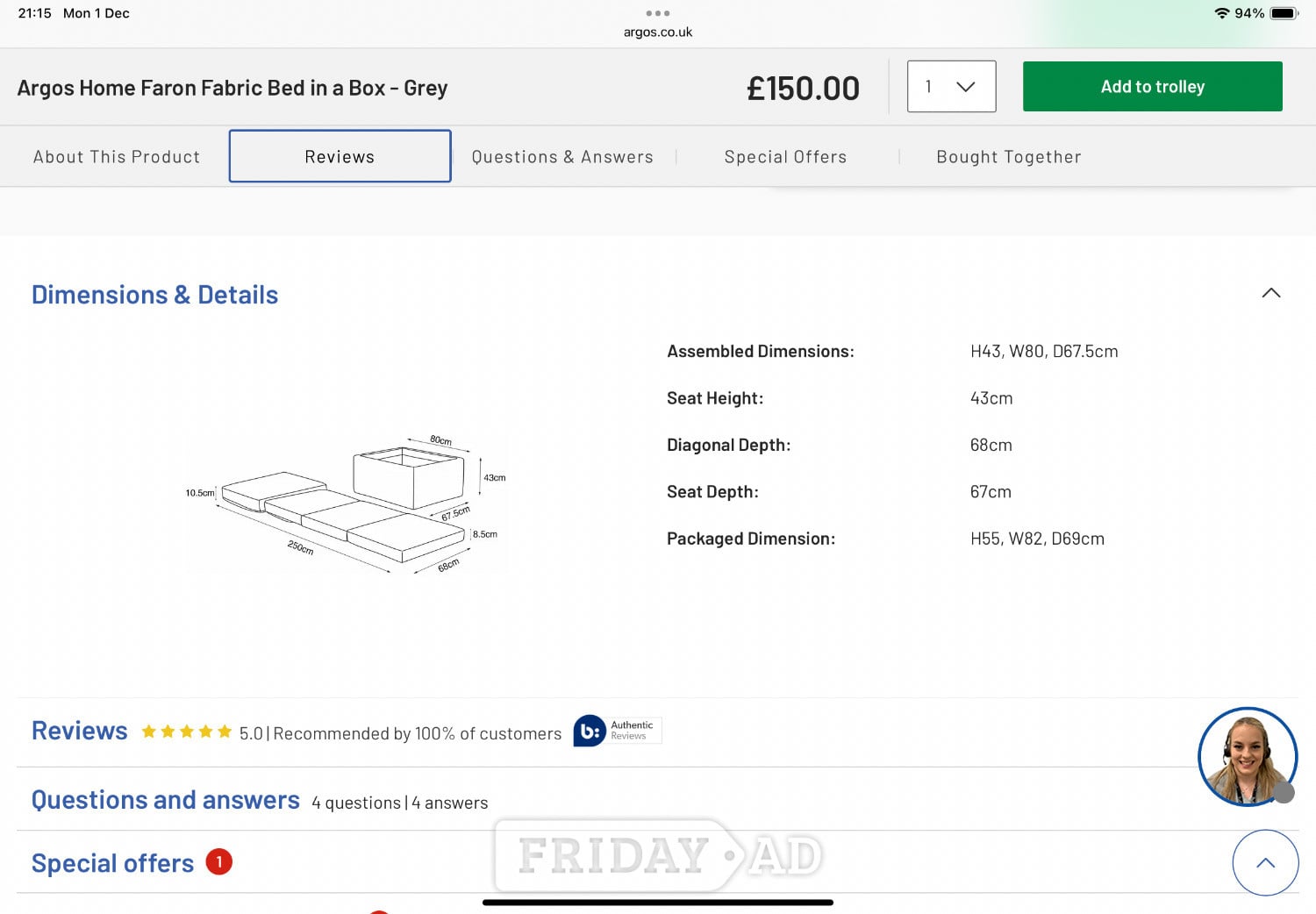 Folding mattress in a fabric covered Box in Worthing