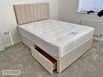 Cream Plush Velvet King Siz Bed with Drawers and mattress