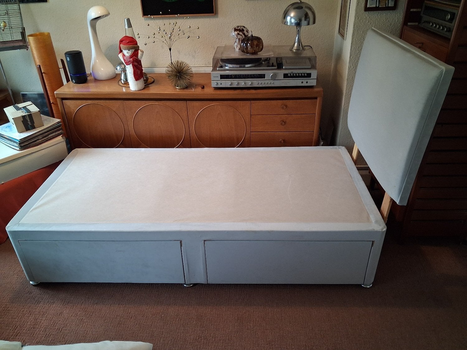 Single bed base with draws and headboard.suede material.used