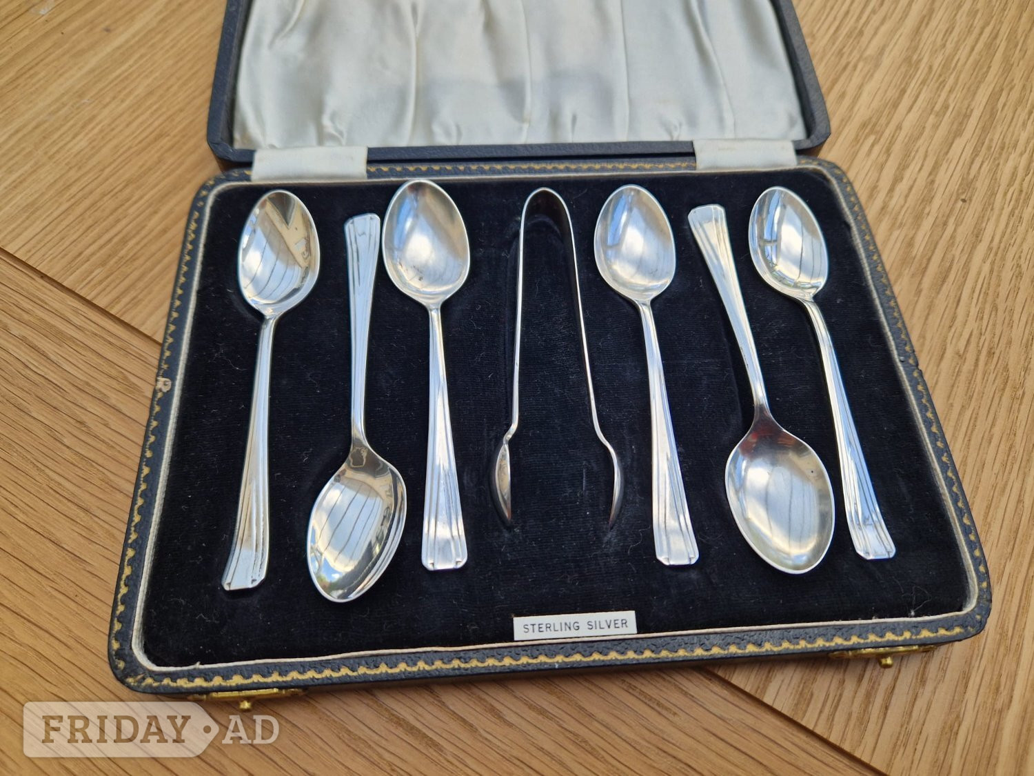 SILVER TEASPOON SET PLUS TONGS IN CASE in Horley