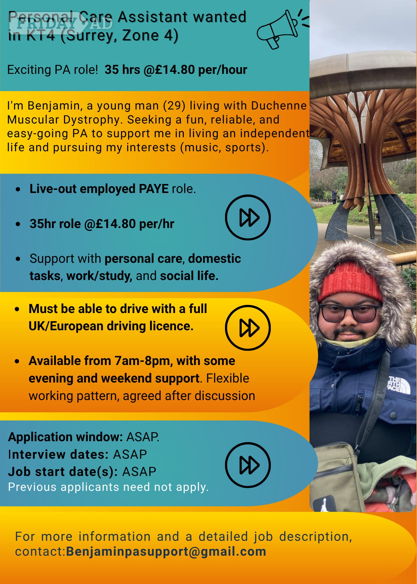 Personal Care Assistant role for young man (29) with DMD @£14.80 per/hr for 35 hrs per week in Worcester Park, Surrey in Sutton
