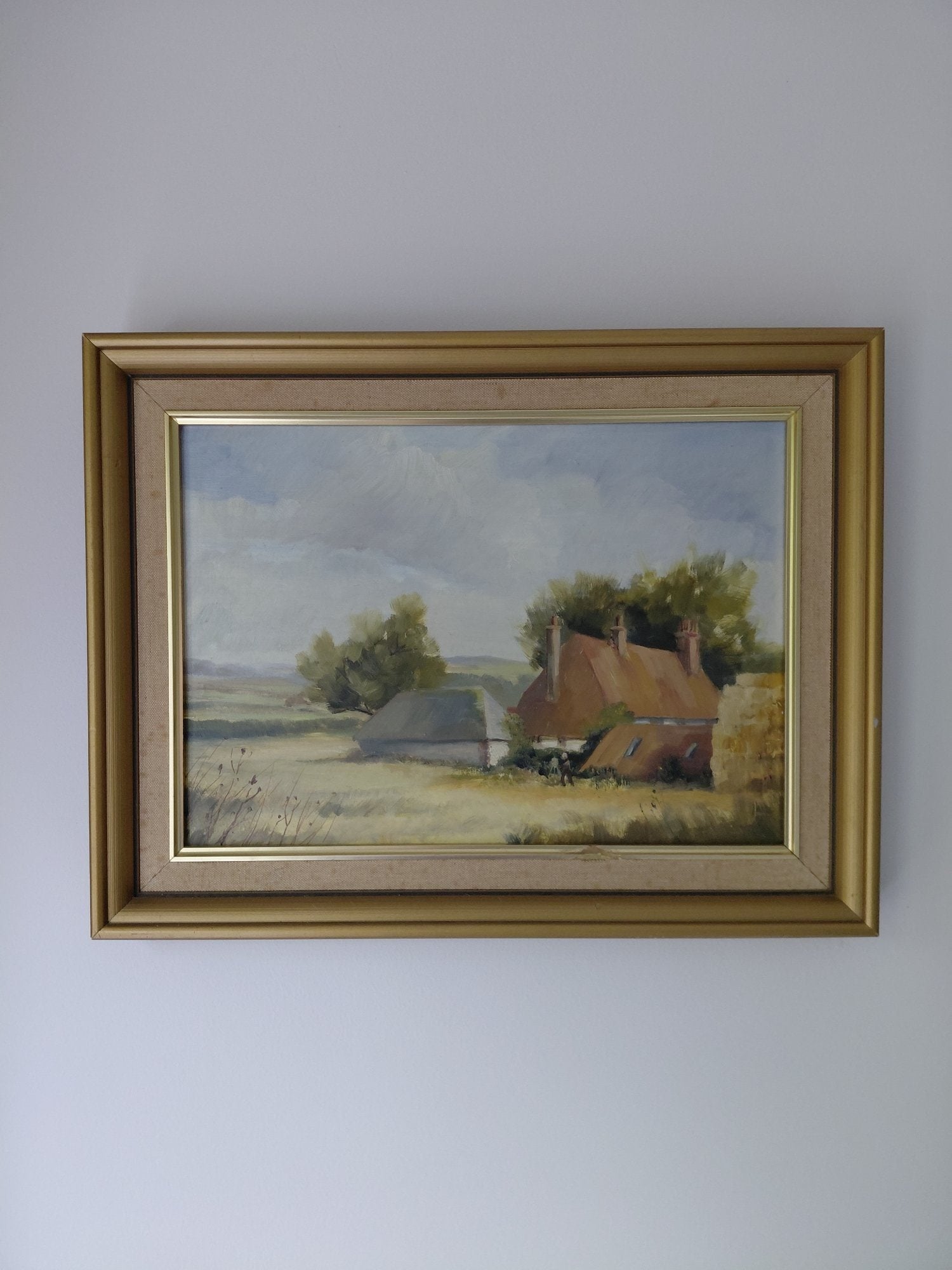 Vintage Framed Oil Painting - Rural Farm Landscape