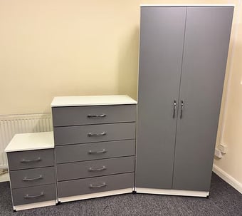 METRO (WHITE/GREY ) WARDROBE CHEST & BEDSIDE - FULLY ASSEMBLED