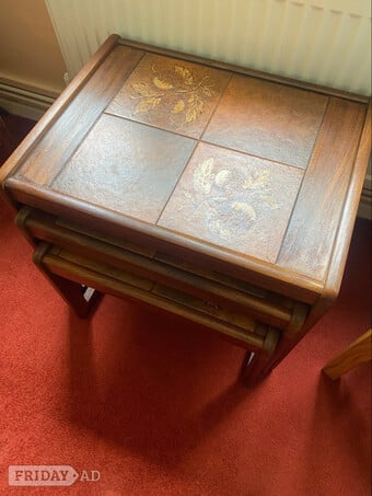 Nesting tables , teak set of three with tiled tops