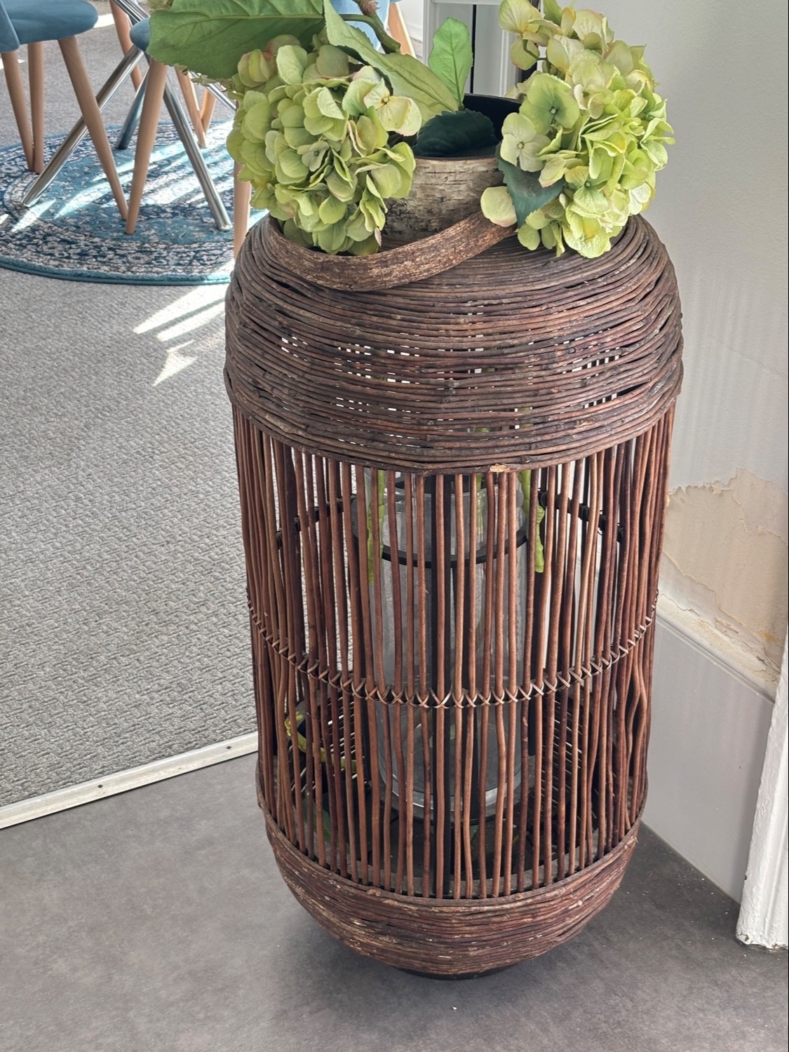 Large Brown Wicker Cylinder Lantern with Glass Hurricane