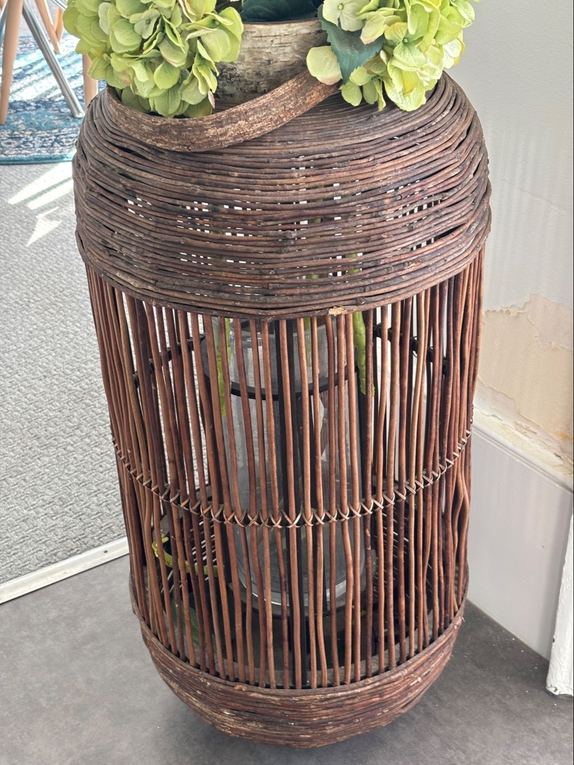 Hastings Large Brown Wicker Cylinder Lantern with Glass Hurricane