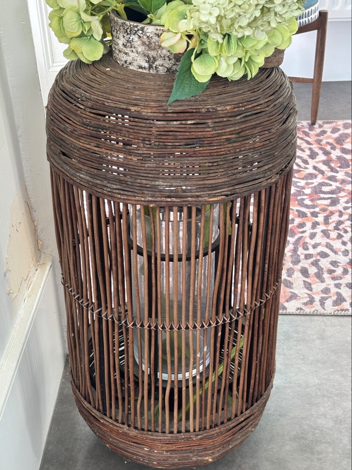 Large Brown Wicker Cylinder Lantern with Glass Hurricane - Home Decor in Hastings