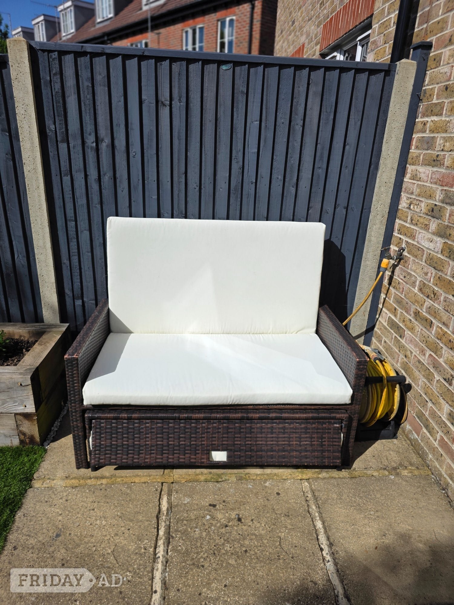 Brown Ratten Garden Sofa with Footstool - Good condition
