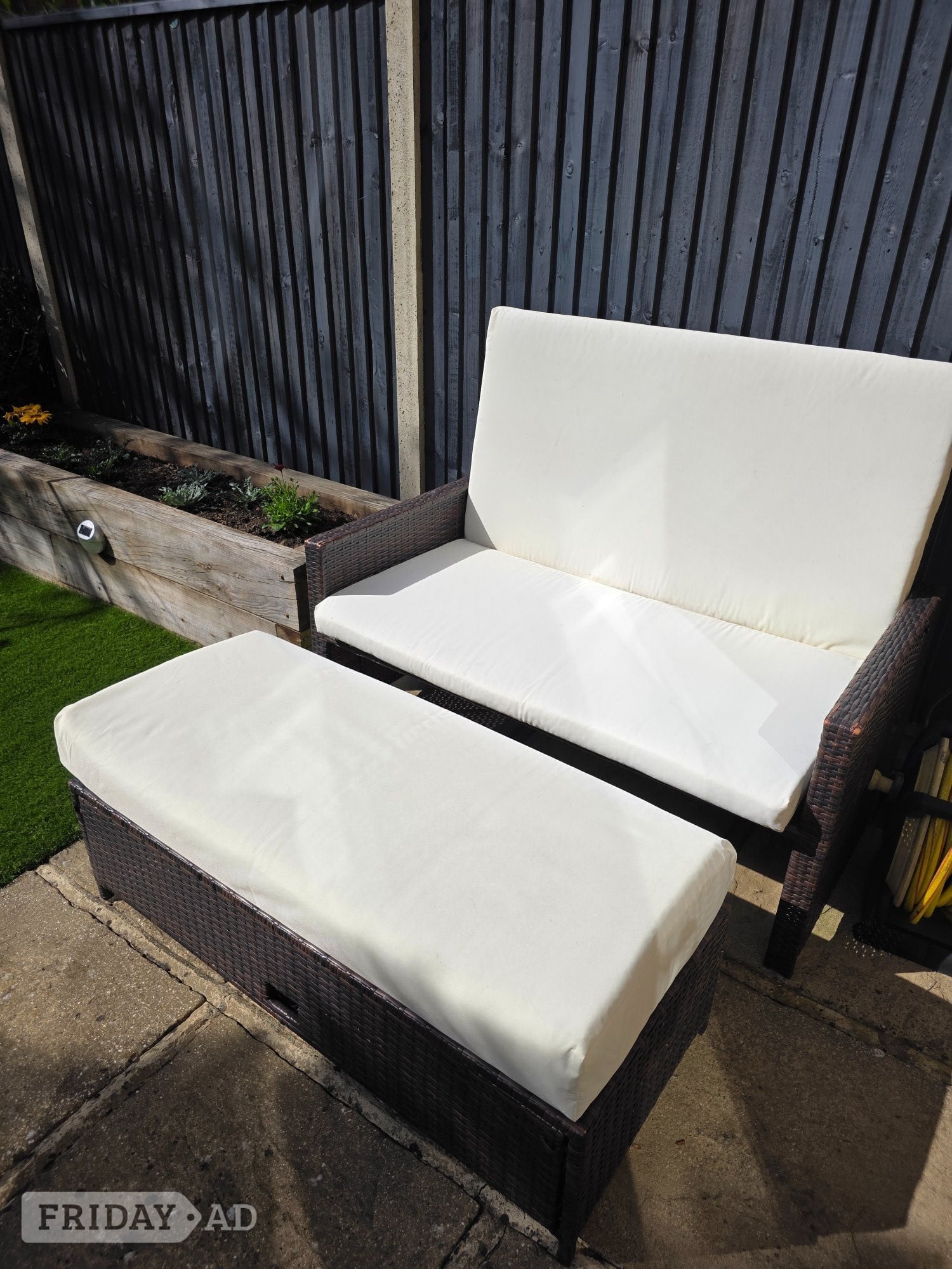 Littlehampton Brown Ratten Garden Sofa with Footstool - Good condition