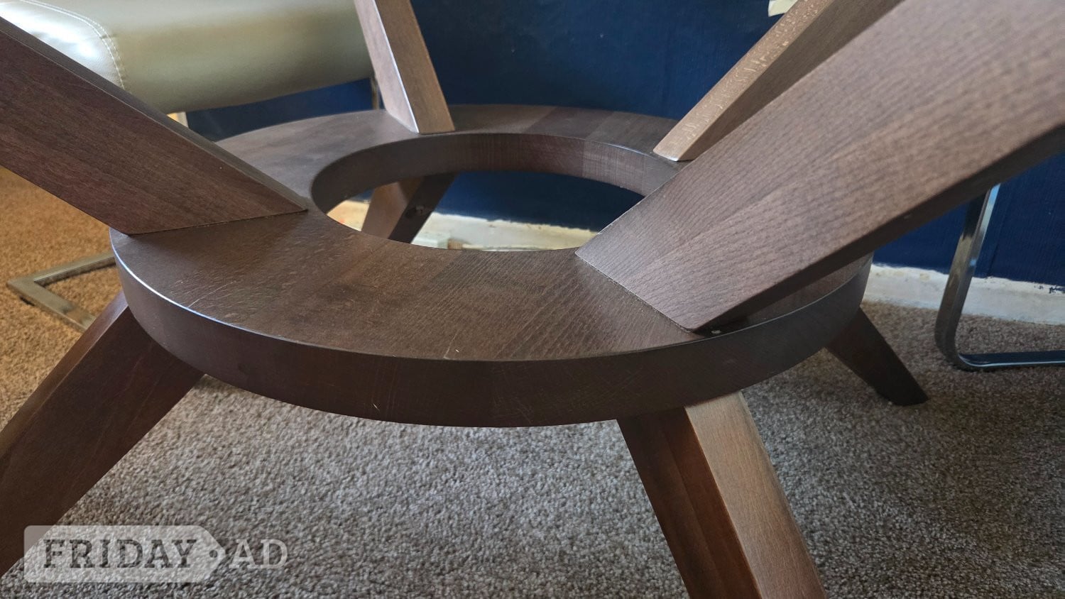 Round glass table with solid wood base and 6 chairs