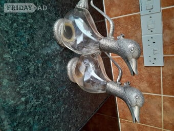 Vintage pair of duck Decanters, silver plated