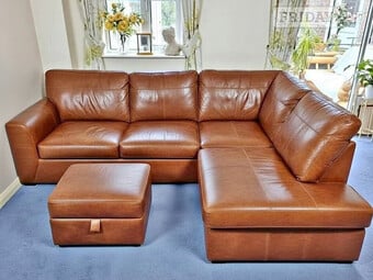 Brown Real Leather 4 Seater Corner Sofa with Footstool