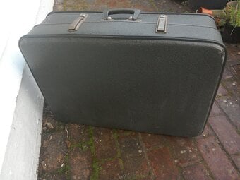 Suitcase, old, 26" x18.5", inside good condition, scuffed outside.