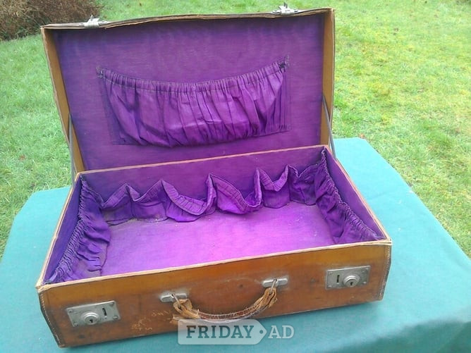 Suitcase, vintage, leather on cardboard?