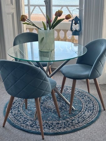 Modern Glass & Chrome Dining Table with 4 Blue Velvet Chairs