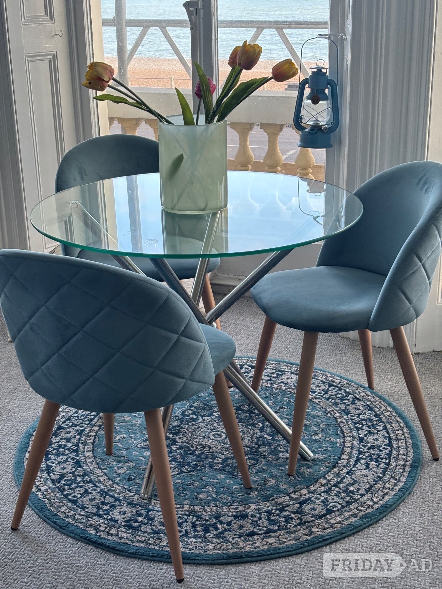 Modern Glass & Chrome Dining Table with 4 Blue Velvet Chairs in Hastings