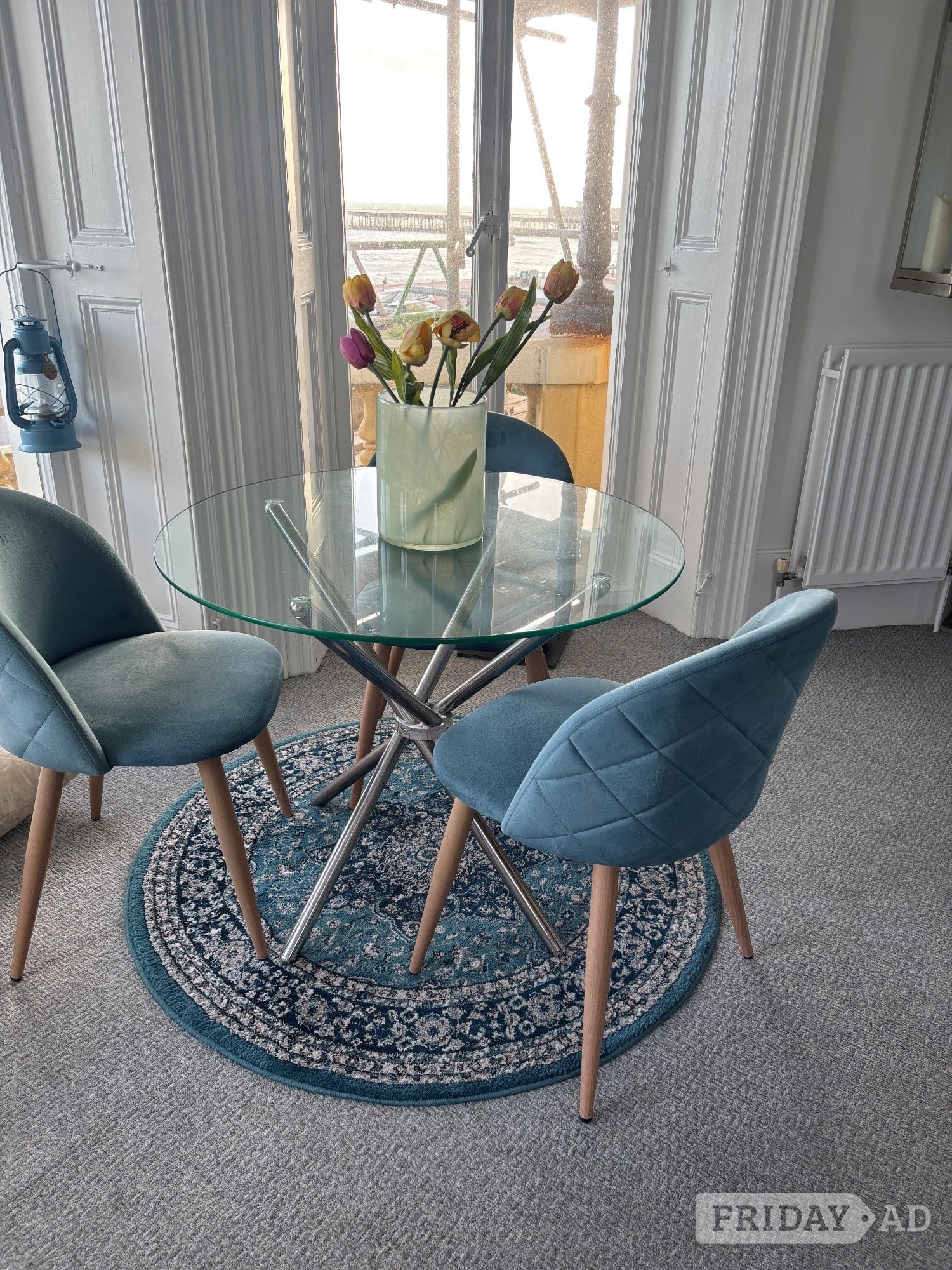 Modern Glass & Chrome Dining Table with 4 Blue Velvet Chairs