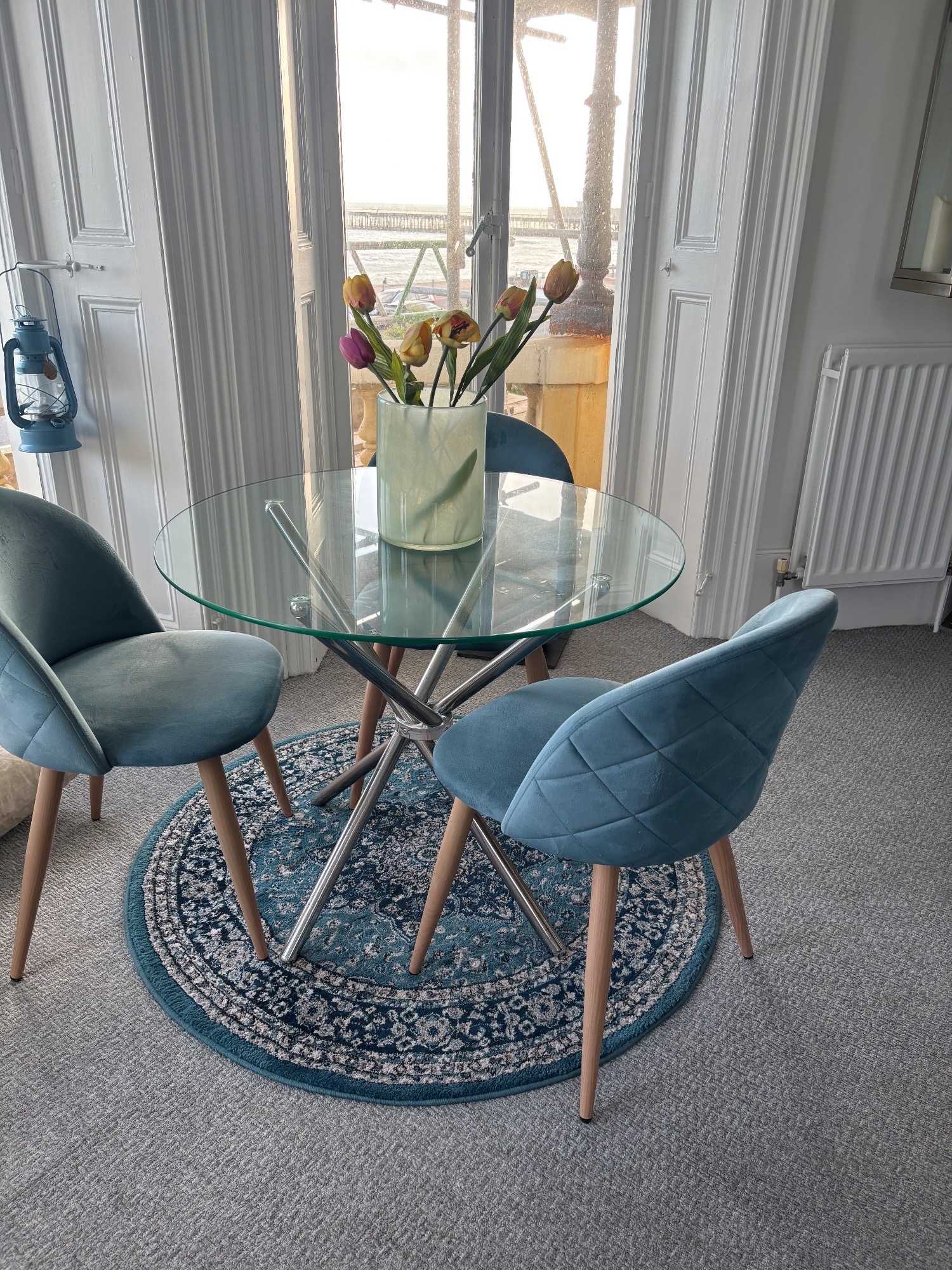 Modern Glass & Chrome Dining Table with 4 Blue Velvet Chairs