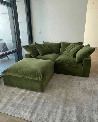 Loaf Olive Green Plush Velvet 2 Seater Sofa with Footstool