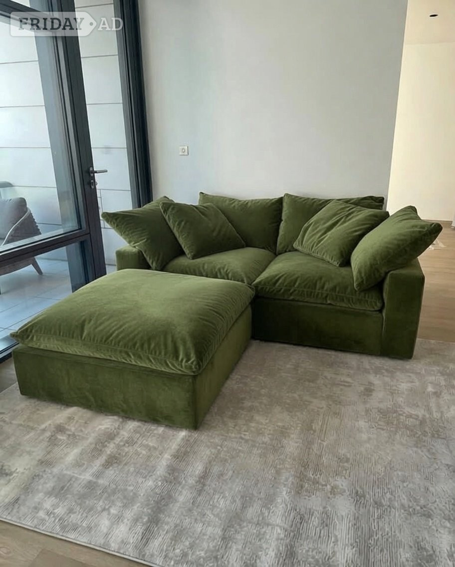 Loaf Olive Green Plush Velvet 2 Seater Sofa with Footstool in London