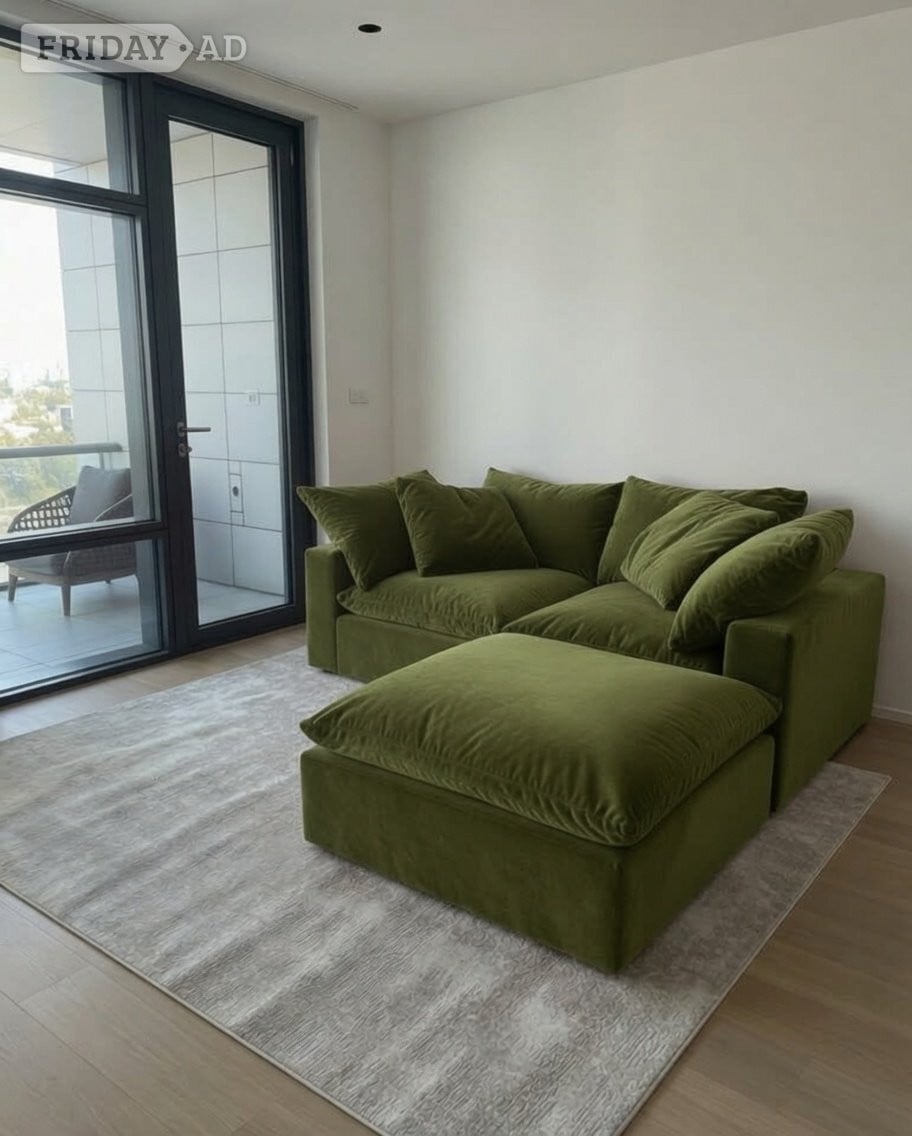 Loaf Olive Green Plush Velvet 2 Seater Sofa with Footstool