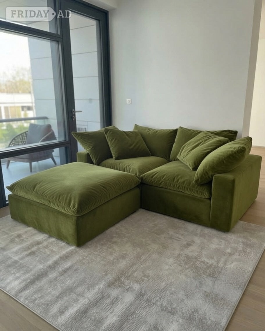 London Loaf Olive Green Plush Velvet 2 Seater Sofa with Footstool