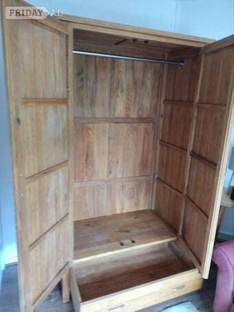 Wardrobe, pine. Double door with bottom drawer. Chrome handles. 