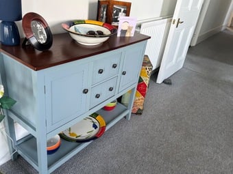 Elegant Sea-Blue Cabinet with Mahogany Wood Top (Exceptional)